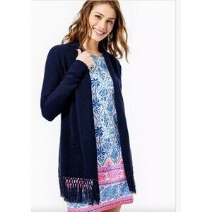 Lilly Pulitzer Tatum Sweater Womens XS True Navy  Fringe Hem Open Cardigan